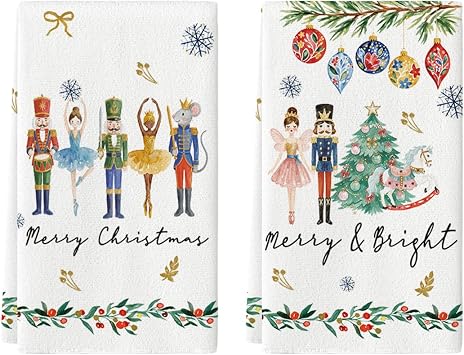 Artoid Mode Nutcrackers Xmas Balls and Trees Merry Christmas Kitchen Towels Dish Towels, 18x26 Inch Snowflakes Decoration Hand Towels Set of 2
