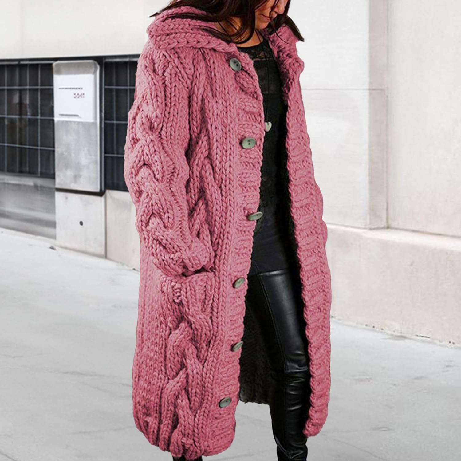 Long Cardigan Sweaters for Womens Fall Cable Knit Casual Coats Long Sleeve Button Open Front Winter Plus Size Sweater - Image 6