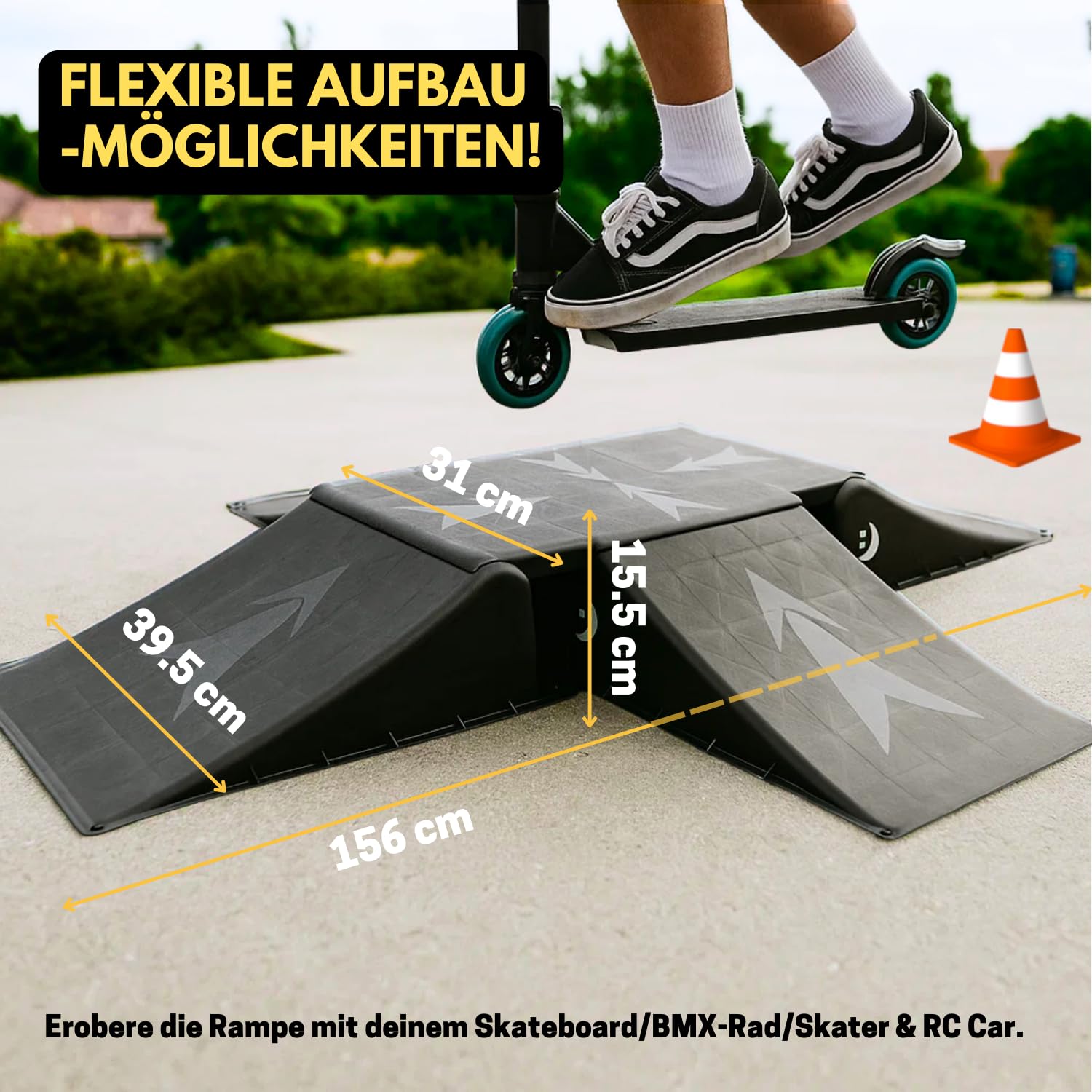 BEST SPORTING Rampen-Set Mit 4 Pylonen für Skateboard/BMX-Rad/Skater & RC Cars I 4+1-teilige Flexible Aufbaumöglichkeiten I Stabile Skateboard Rampe I Hochwertige Scooter