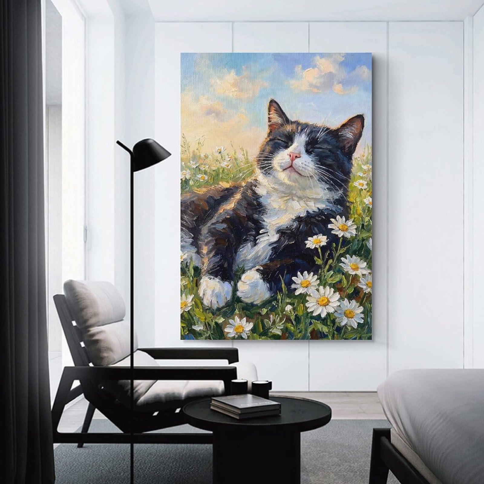 Junmoney Tuxedo Cat in A Field of Daisies Home Decor Wall Art 12x18inch(30x45cm), for Hallway, Bedroom Or Modern Interiors, Canvas Artwork with Gifting Potential