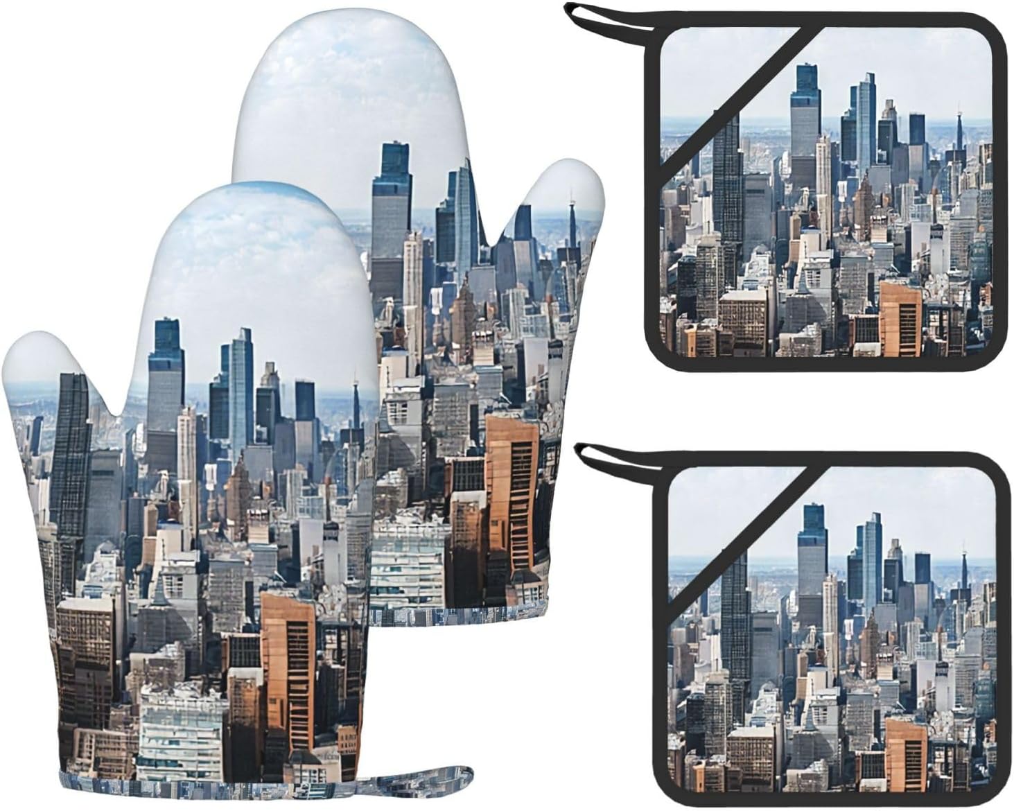 New York Fashion City 4pcs Oven Mitts and Pot Holders Sets for Kitchen, Silicone Oven Gloves Non-Slip Potholders Hot Pads for Baking Cooking