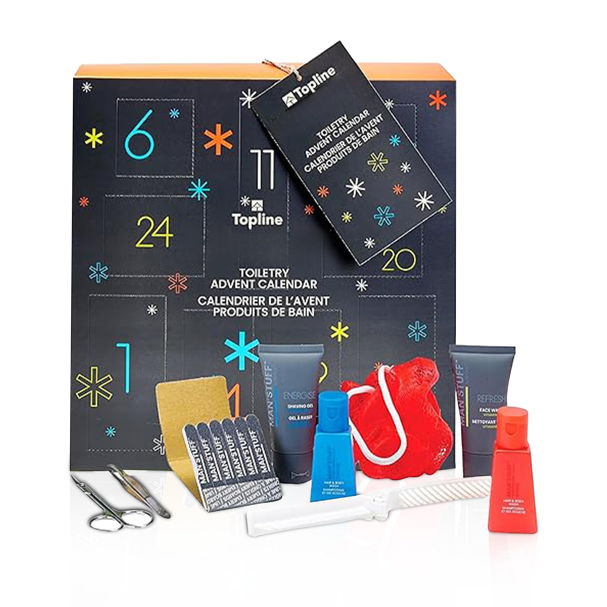 Man'Stuff, Calendario dell'Avvento da uomo 2023-24 giorni, toelettatura e articoli da toeletta, regalo da uomo, calendario per conto alla rovescia di Natale 2023, con biglietto Topline (lingua