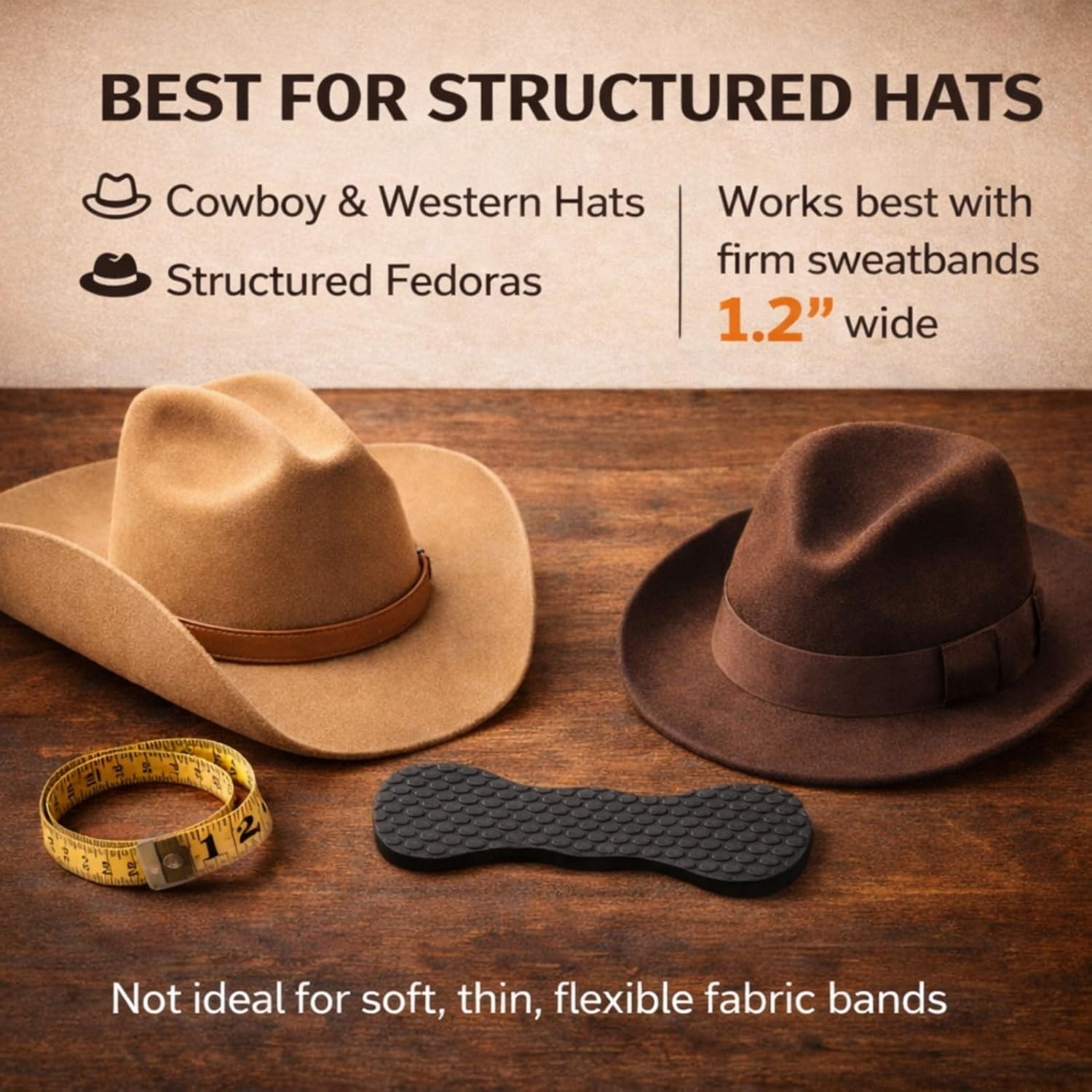 Cowboy Hat Size Reducer, 5 Pack Silicone Inserts for Loose Western Hats | Leather sweatbands Over 1.2 in, Dumbbell Shape, Non Slip Grip, Rodeo Riding, Ranch Work Black