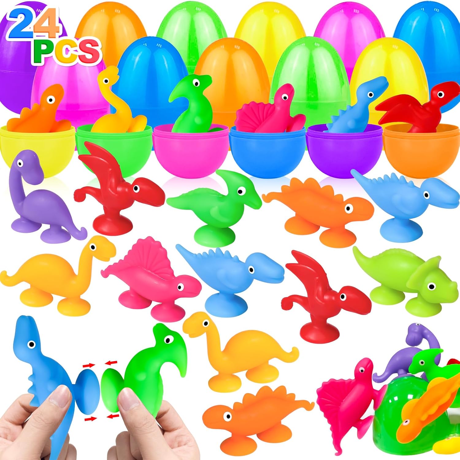 AMENON 24 Pcs Prefilled Easter Eggs with Toys Animal Dinosaur Suction Cup Easter Basket Stuffers Filler Stress Relief Fidget Toys Window Bath Surprise Easter Hunt Party Favors Gifts for Kids Toddler