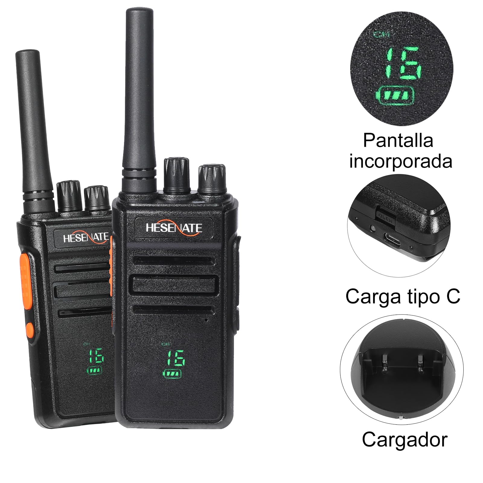 HESENATE HT66 Plus Walkie Talkie sin Licencia,16 Channels con Pantalla,Walkies Profesionales Largo Alcance,con VOX Manos Libres Pinganillo Walkies,para Restaurantes Hotel (2 Pizeas,Negro)