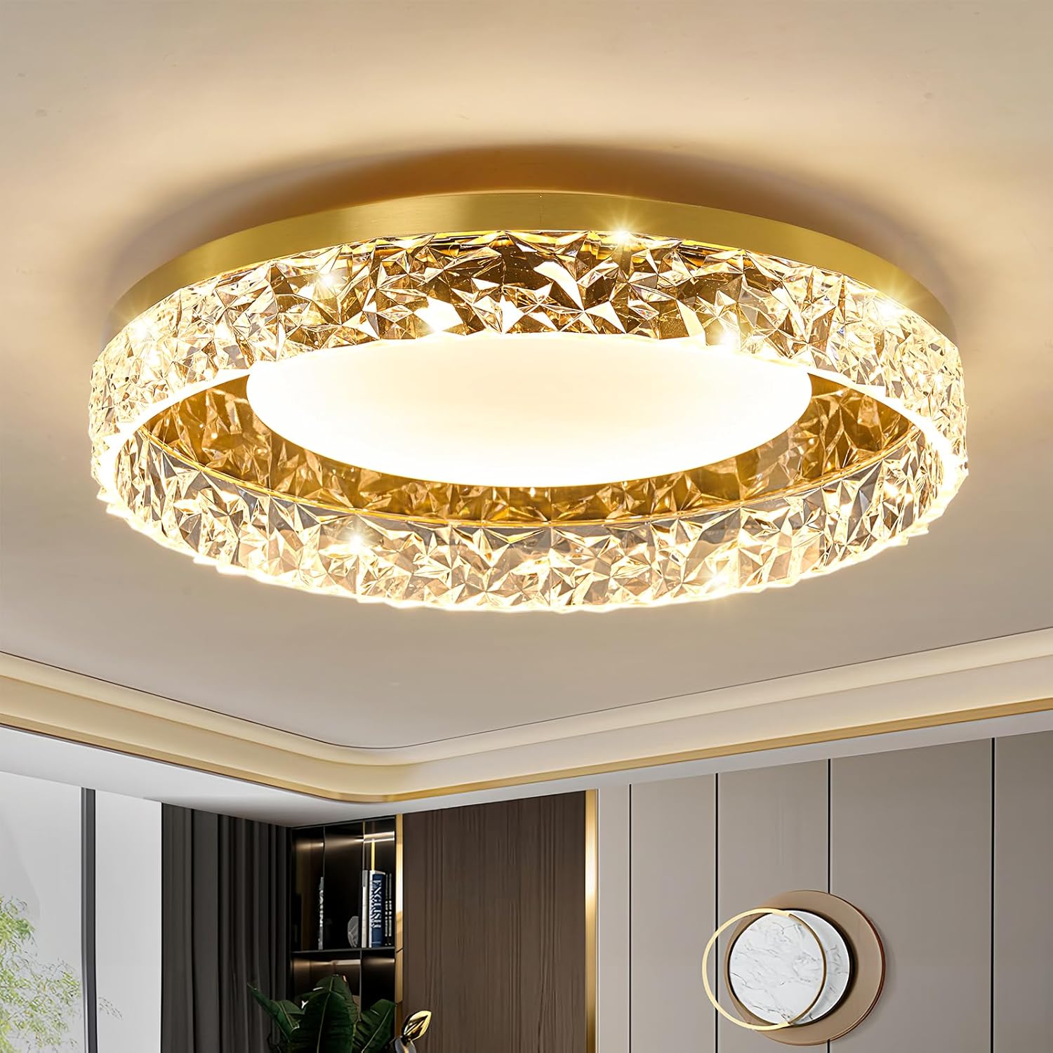 ZGLAOJT Gold Led Flush Mount Ceiling Light Modern 40w 3000k-6000k Light Fixture 15.7inch Bathroom Round Ceiling Lamp for Kitchen Bedroom Entryway Hallway Living Room.