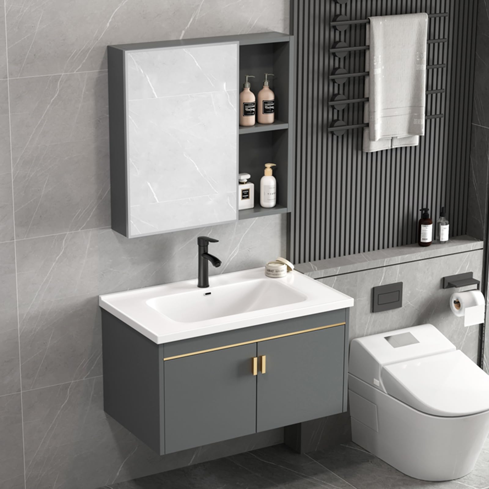 Set di lavabo da bagno, mobiletto da parete, lavabo, armadietto a specchio e lavello con lavabo in ceramica e rubinetto (grigio, 60 x 40 cm)