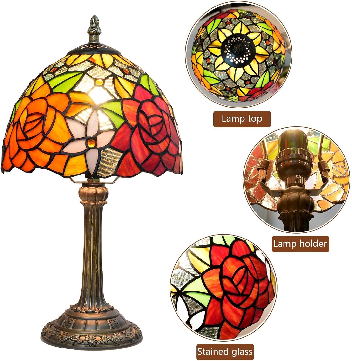 Tiffany Lamp Bedside Table Lamp-Nightstand,Stained Glass Lamp for Bedroom Dorm Living Kitchen, Aesthetic Cute Home Decor Gift (8-inch Rose)