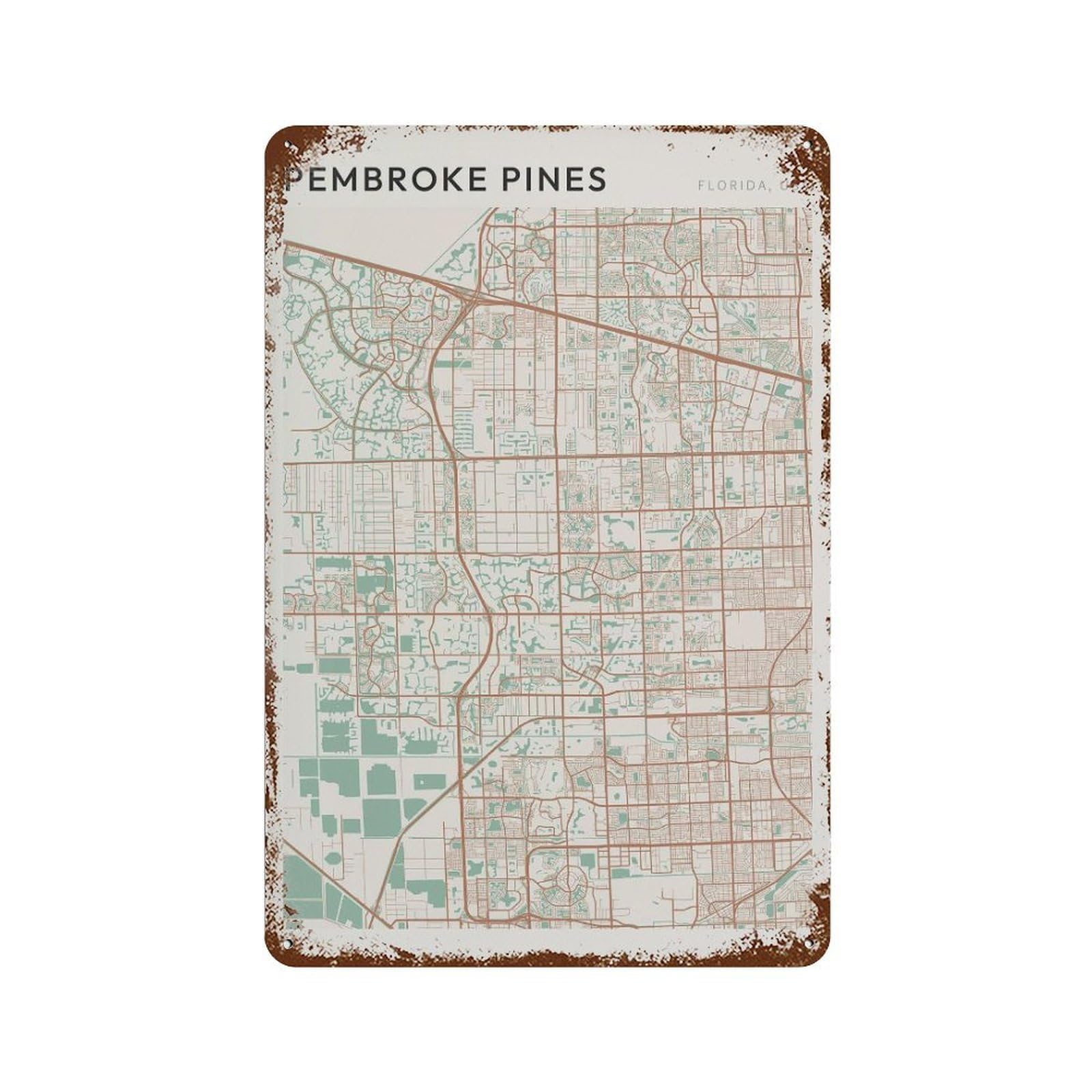 xiaoxiaoshen Pembroke Pines Map Florida Travel Gift Farmhouse Decor Wall Decor Art Metal Tin Poster Modern Home Decor Art Home Bar Shop Decorations Vintage Sign 30x20cm
