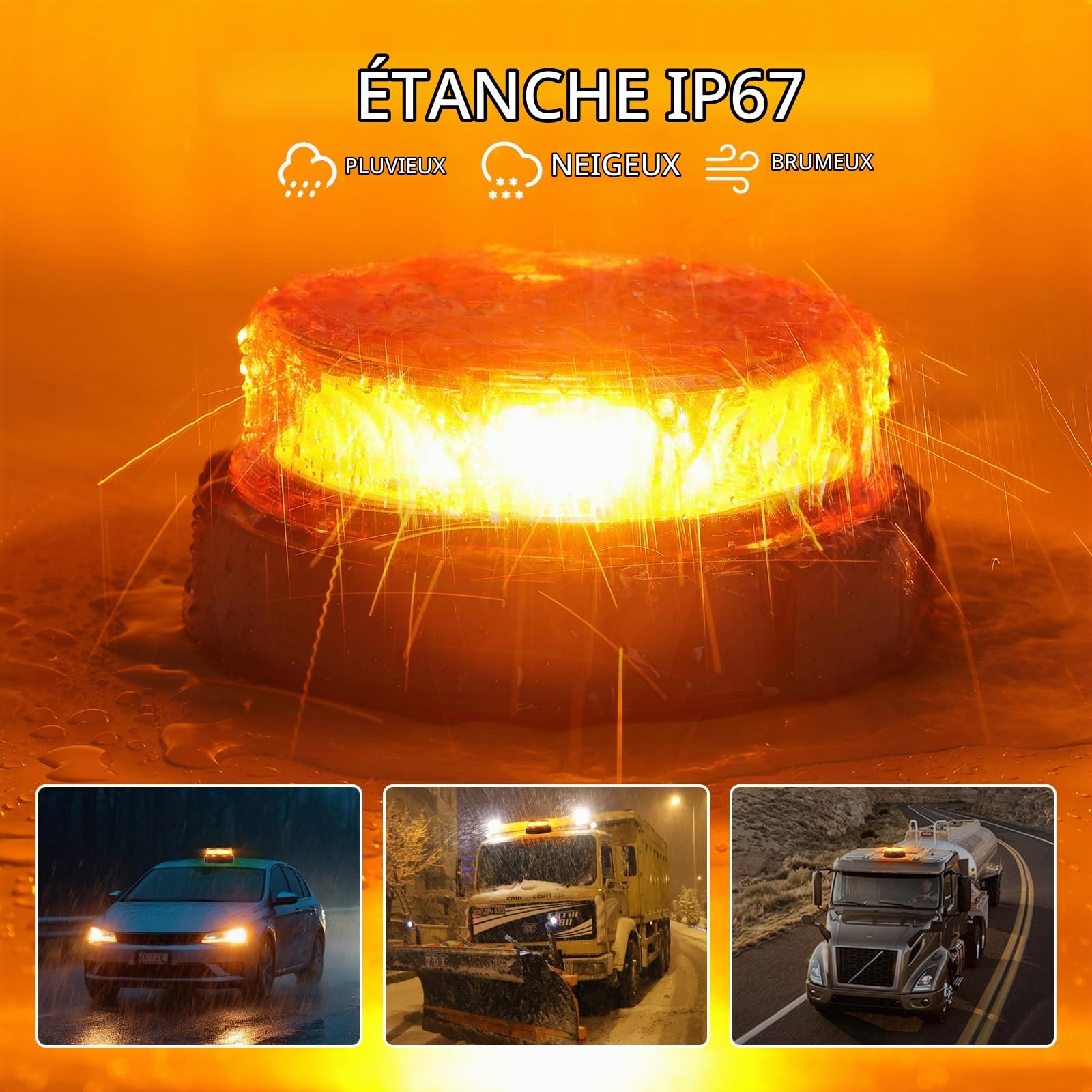 2PCS Gyrophare LED Orange, 12V-24V Orange-Phare d’Avertissement Clignotant avec 6 Modes de Flash Strobe Beacon Light Ambre pour Camion Tracteur Caravane IP67 étanche E-Mark E9