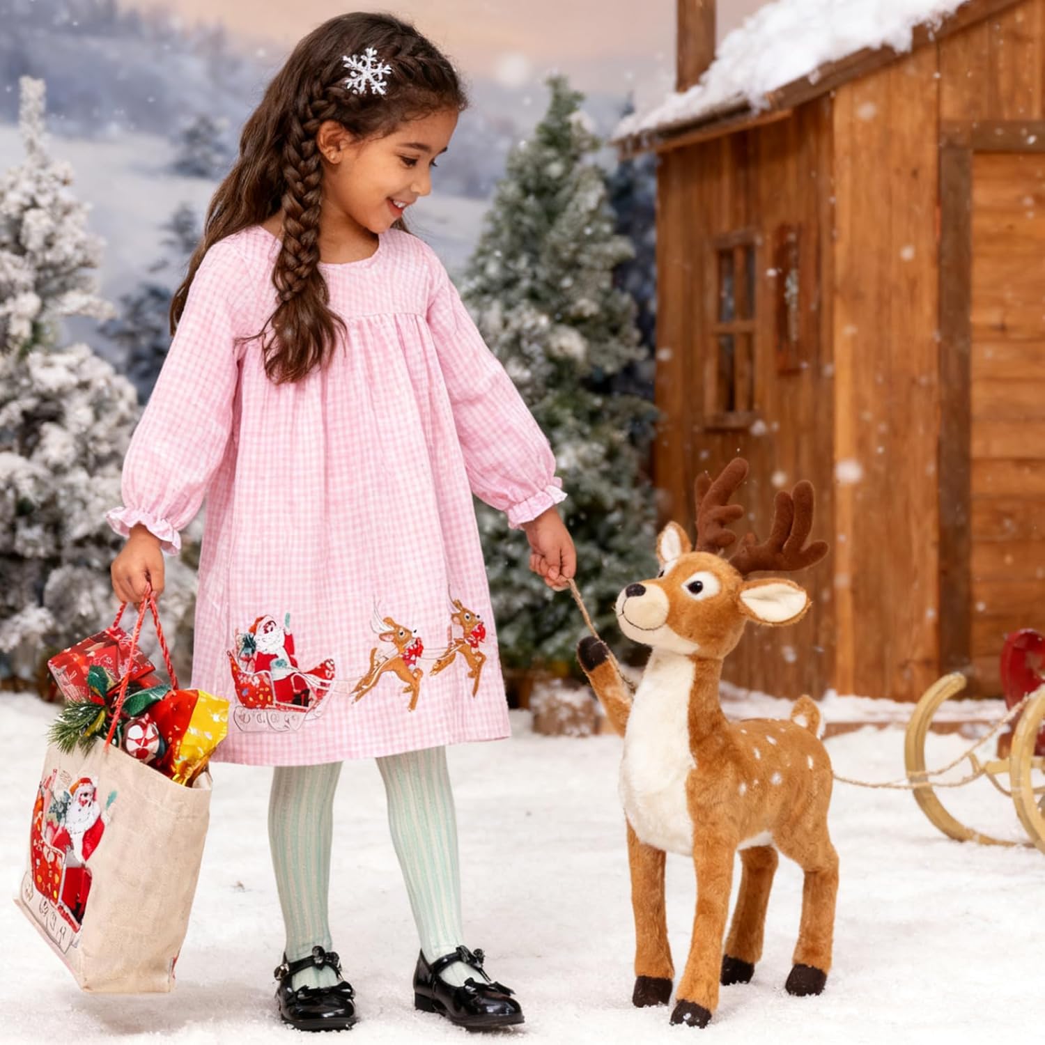 FreeLu Girls Christmas Dresses Longsleeve Cartoon Dress Striped Casual Cotton T-Shirt - Image 2