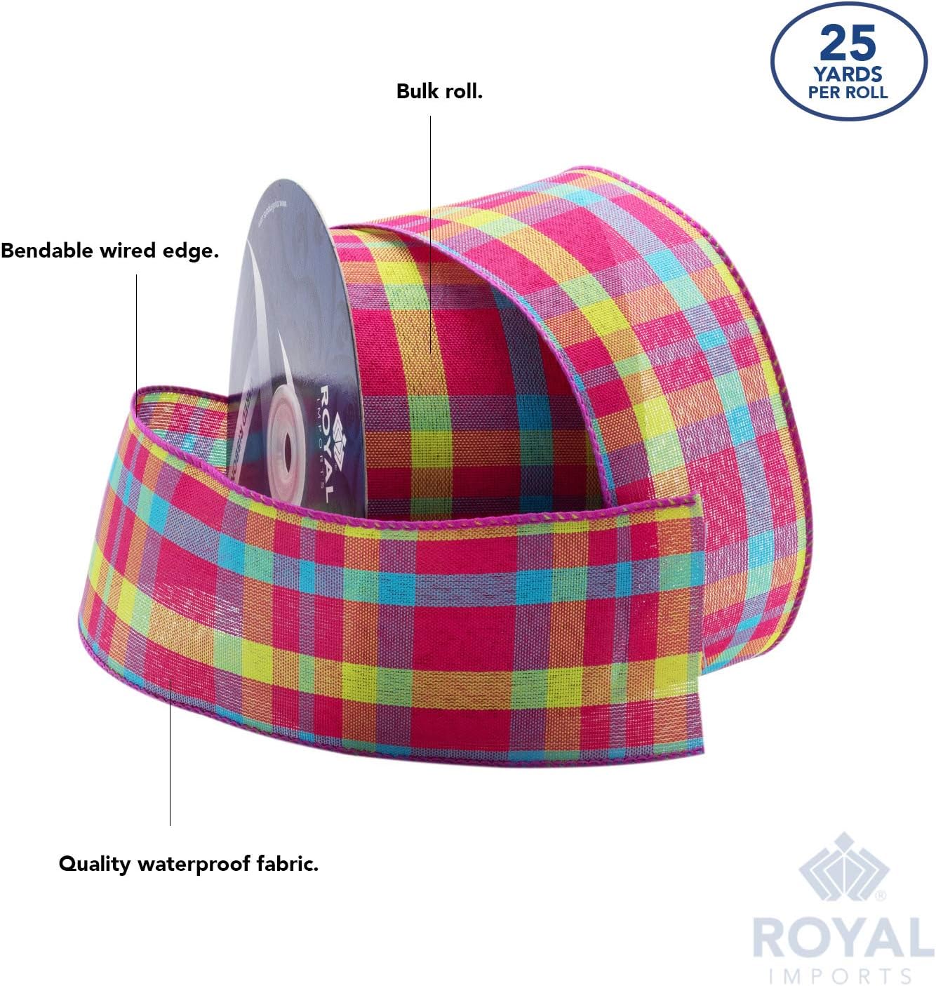 Royal Imports Wired Gingham Ribbon 2.5" Wide 25Yd Roll (Spring Pastel, 2.5 Inches, 25 Yards, Plaid) image 4