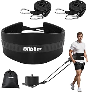 Bilbear Cinto de tração de trenó, cinto de treino de trenó ajustável, cinto para puxar com 2 tiras de tração e 4 ganchos, cinto de tração de trenó de peso para puxar