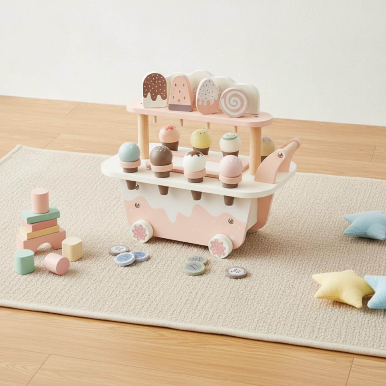 Kinder Spielzeug Eiswagen Holz Kinder Spielfahrzeug Spielset Verkaufsstand Rollenspiel mit Motorikfördernden Aktivitäten Und Teilen für Lernumgebung Vorschule Kinderzimmer