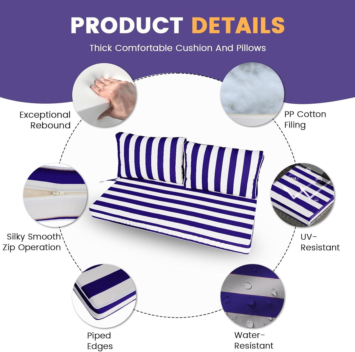 Outdoor Loveseat Cushion Set 48 x 24 Inch, Water Repellent Patio Furniture Cushions Replacement with Removable Cover, Ties and Zipper for Patio Couch, Bench, and Swing (Blue White Stripes)