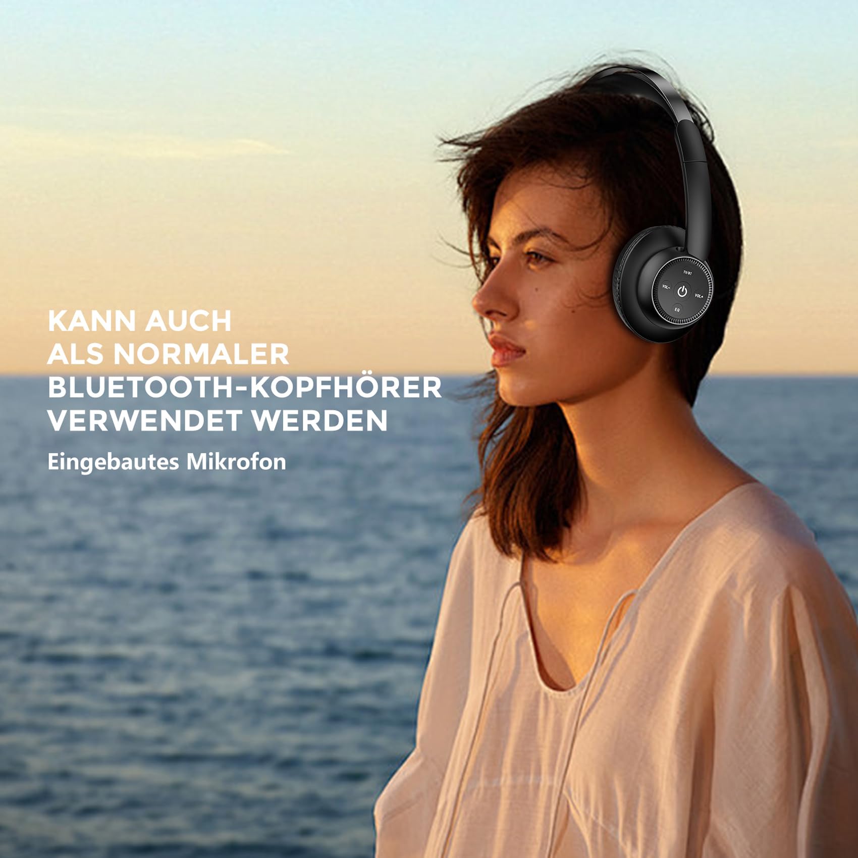 Kabellose TV-Kopfhörer für Senioren – Hohe Lautstärke, Kein Audio-Verzögerung (Plug & Play) – Kompatibel mit Optisch/AUX/RCA/USB – Inkl. Senioren-Ladestation, Schwarz
