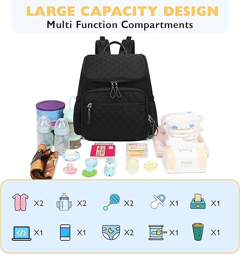 Miniatura 3 de Mochila para pañales de gran capacidad con hebilla para cochecito, bolsa de bebé de viaje resistente al agua con bolsillos aislados, Negro, Grande,