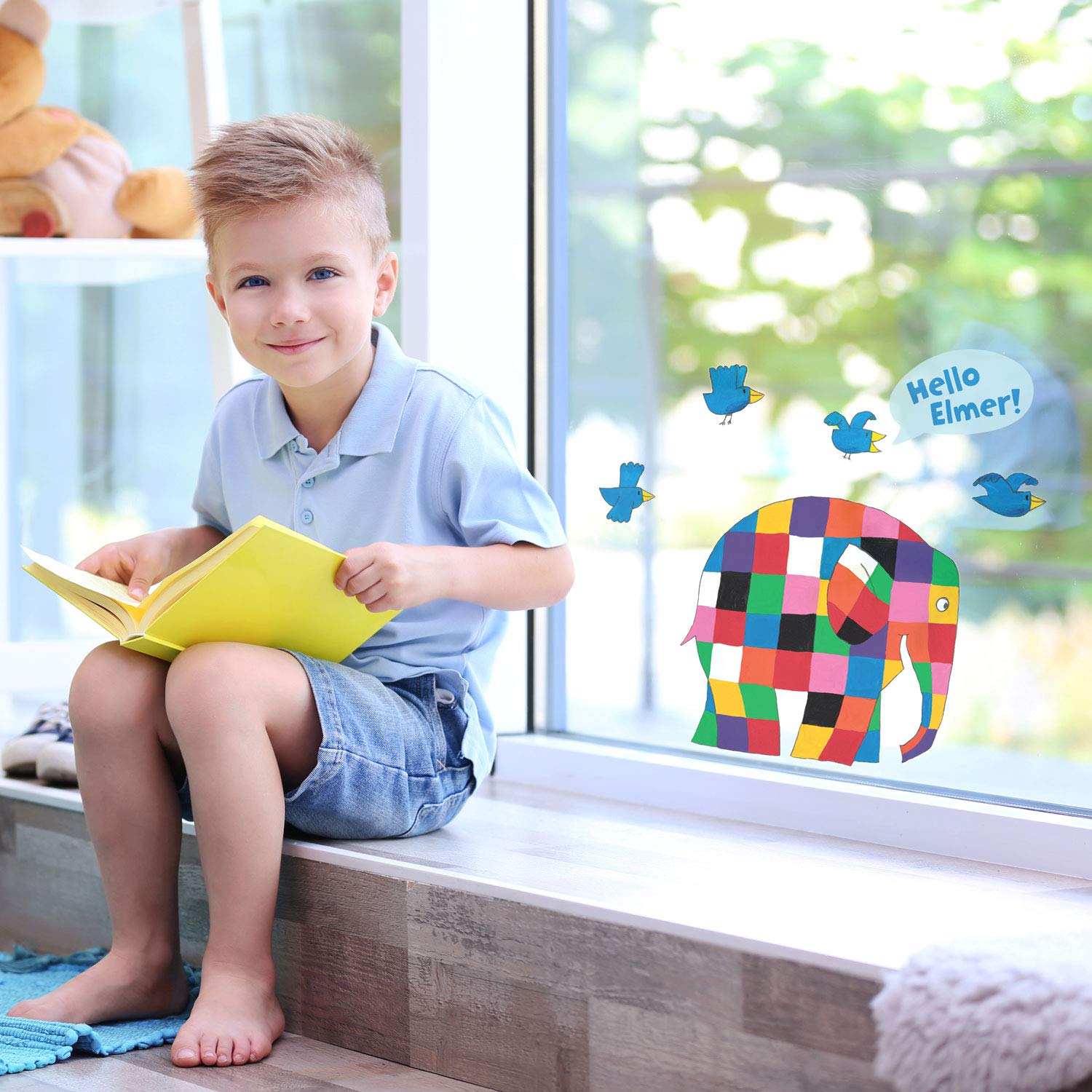 Stickerscape Blue Elmer The Patchwork Elephant Window Sticker | Easy To Apply And Repositionable | 6 Stickers To Customise Placement | Official Elmer The Patchwork Elephant Collection