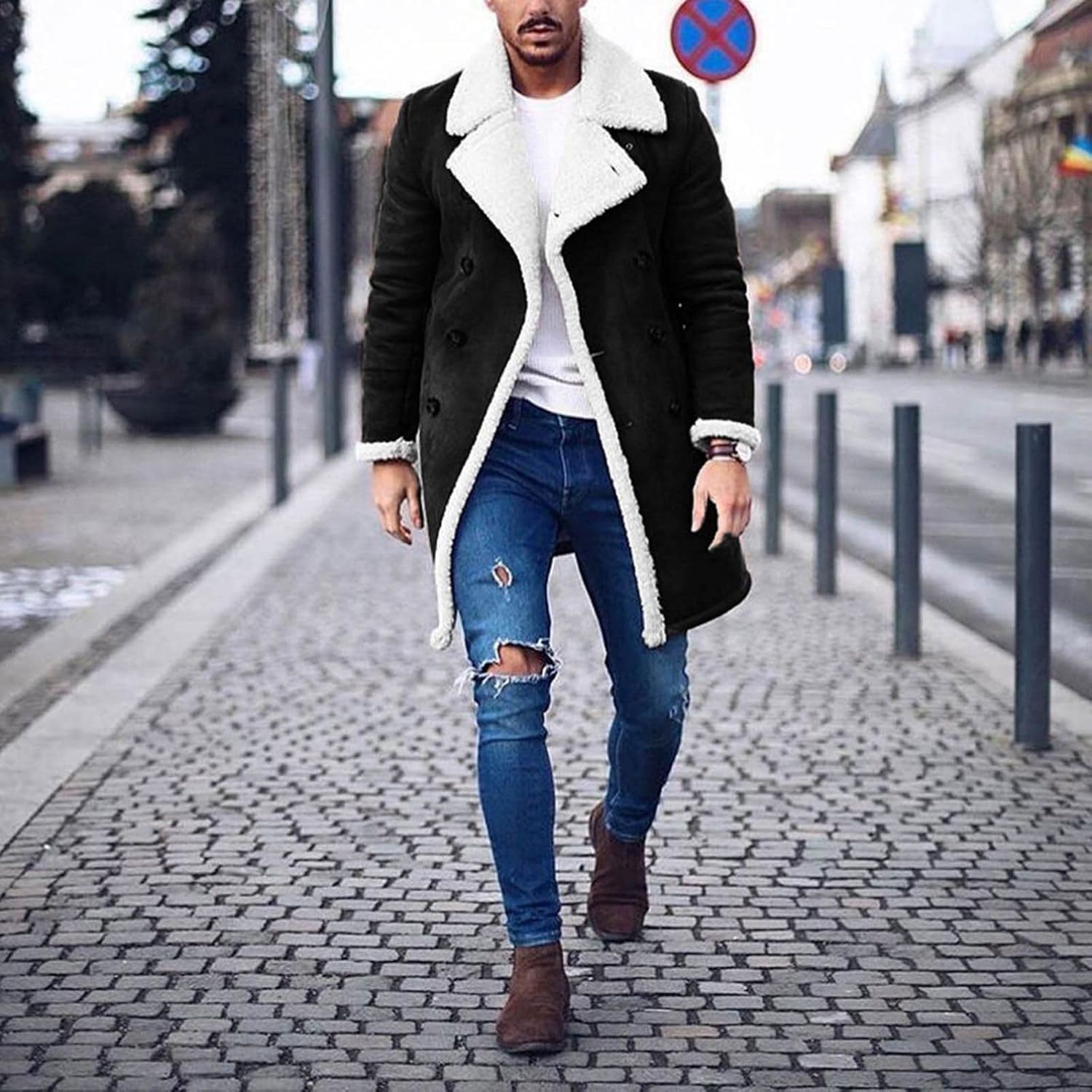Mens Casual Sherpa Fleece Lined Jackets Winter Warm Faux Fur Collar Long Trench Coats Big and Tall Outwears Pockets