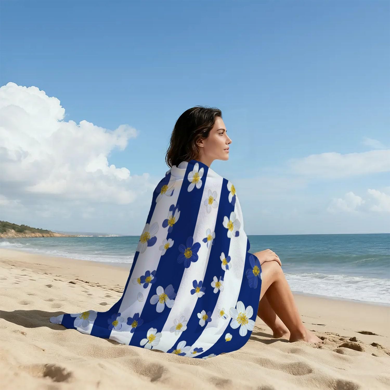 Générique Serviette de Plage Microfibre 230 x 210 CM,Drap de Plage Français, Nautique, Élégant, Couverture de Plage Absorbante,Couverture de Bain Rayures, Fleurs