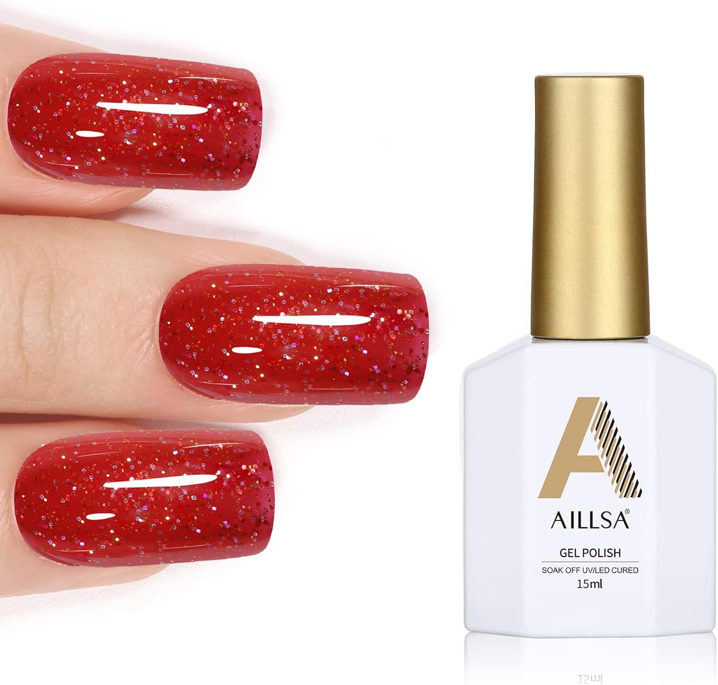 AILLSA Glitter Red Gel Nail Polish, 15 ML Shimmer Christmas Red Gel Polish Color Sparkly Gel