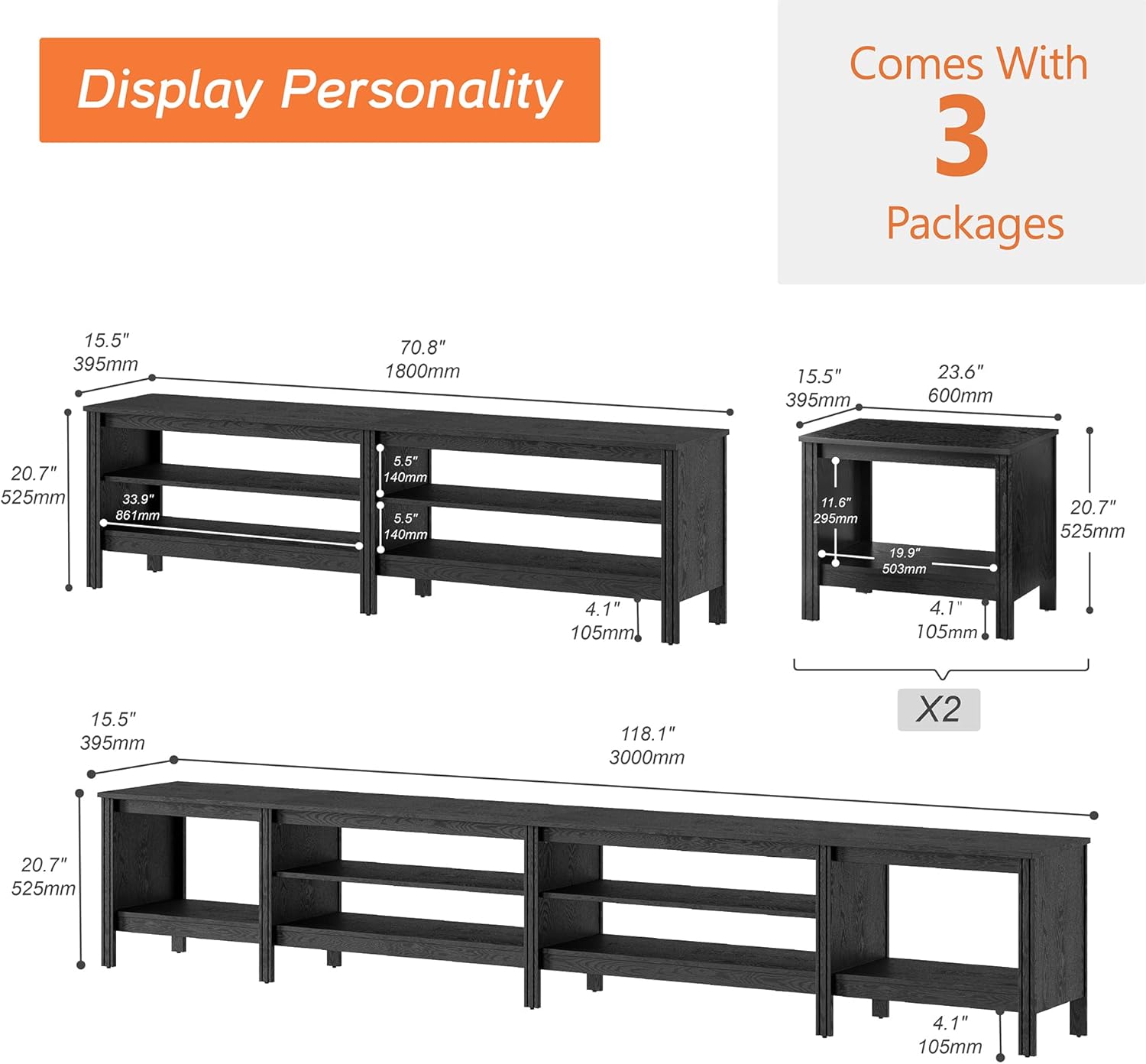 WAMPAT Farmhouse TV Stand for 100 Inch TV, Wood Entertainment Center for 80 85 90 95 inch TV Console Table with 6 Cubby Storage for Living Room Bedroom, Black
