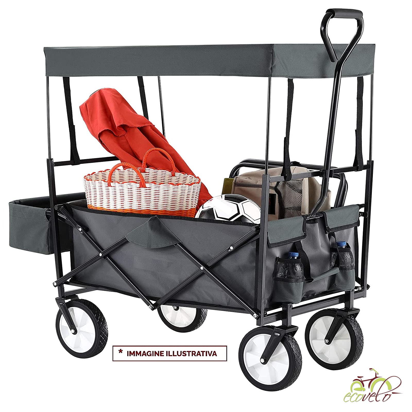 ECOVELO' CARRELLO A MANO PIEGHEVOLE DA SPIAGGIA MAX 80KG CON TETTUCCIO CARRETTO DA GIARDINO RICHIUDIBILE PER CAMPEGGIO