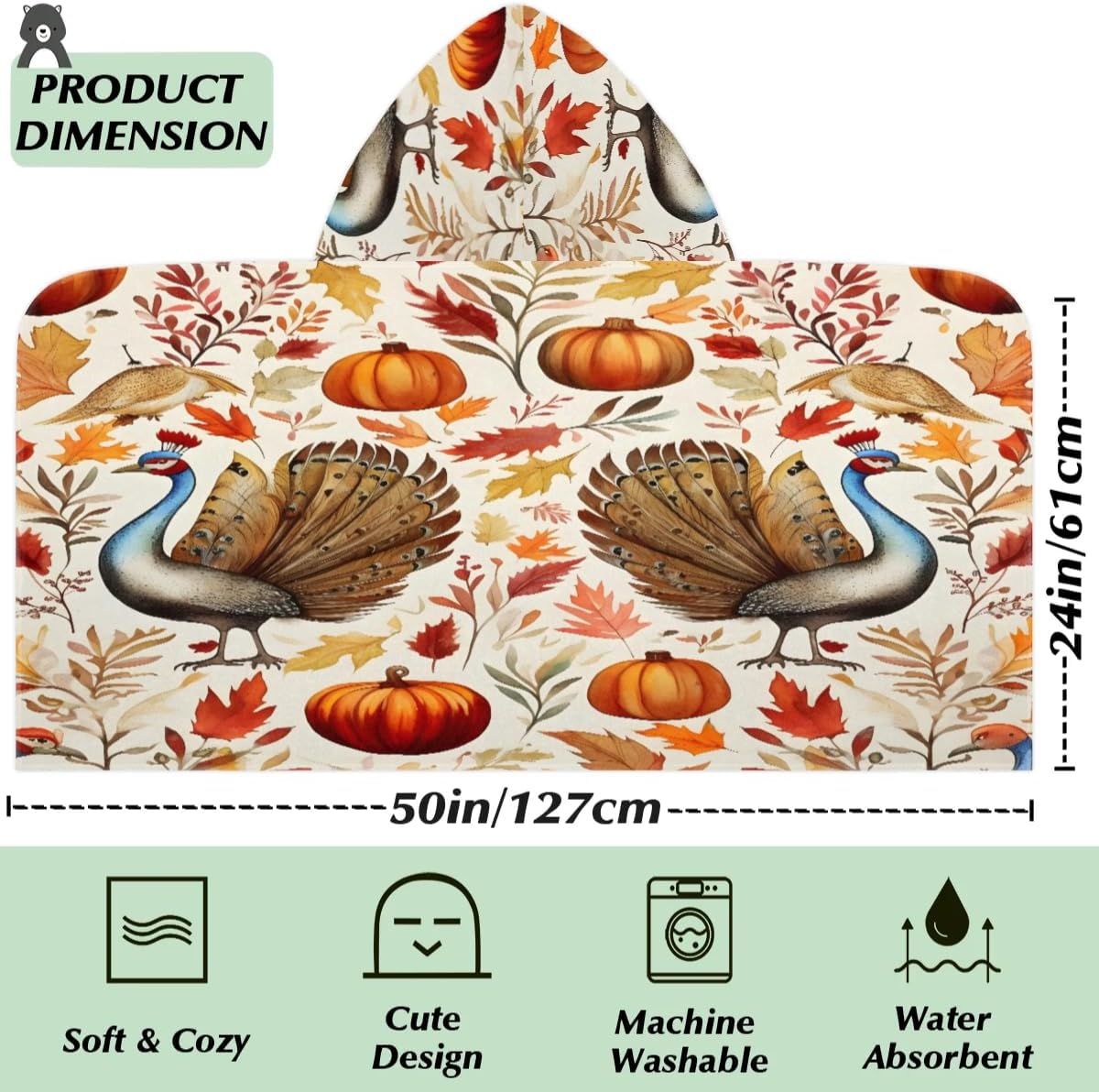 Pardick Kid Bath Towels Autumn Turkey Pumpkin Kids Towel with Hood for Girls Boys Beach Towel Pool Cover Up Soft Absorbent Toddler Hooded Bath Towel for Shower, Beach