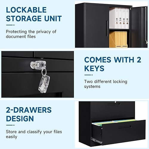 Vista 7 de Archivador de metal con cajón, archivador lateral vertical con cerradura, archivador con gabinete de almacenamiento para oficina en casa, gabinete