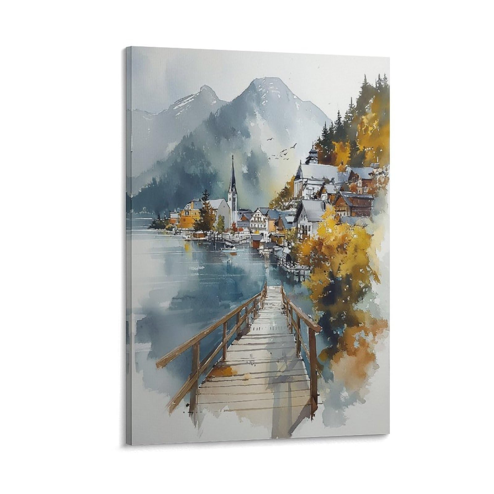 Cnaheiz Frame-Style Skagway Alaska Watercolor Painting Coastal Town Art Print Poster 20X30inch(50X75cm) Vintage Watercolor Canvas Art