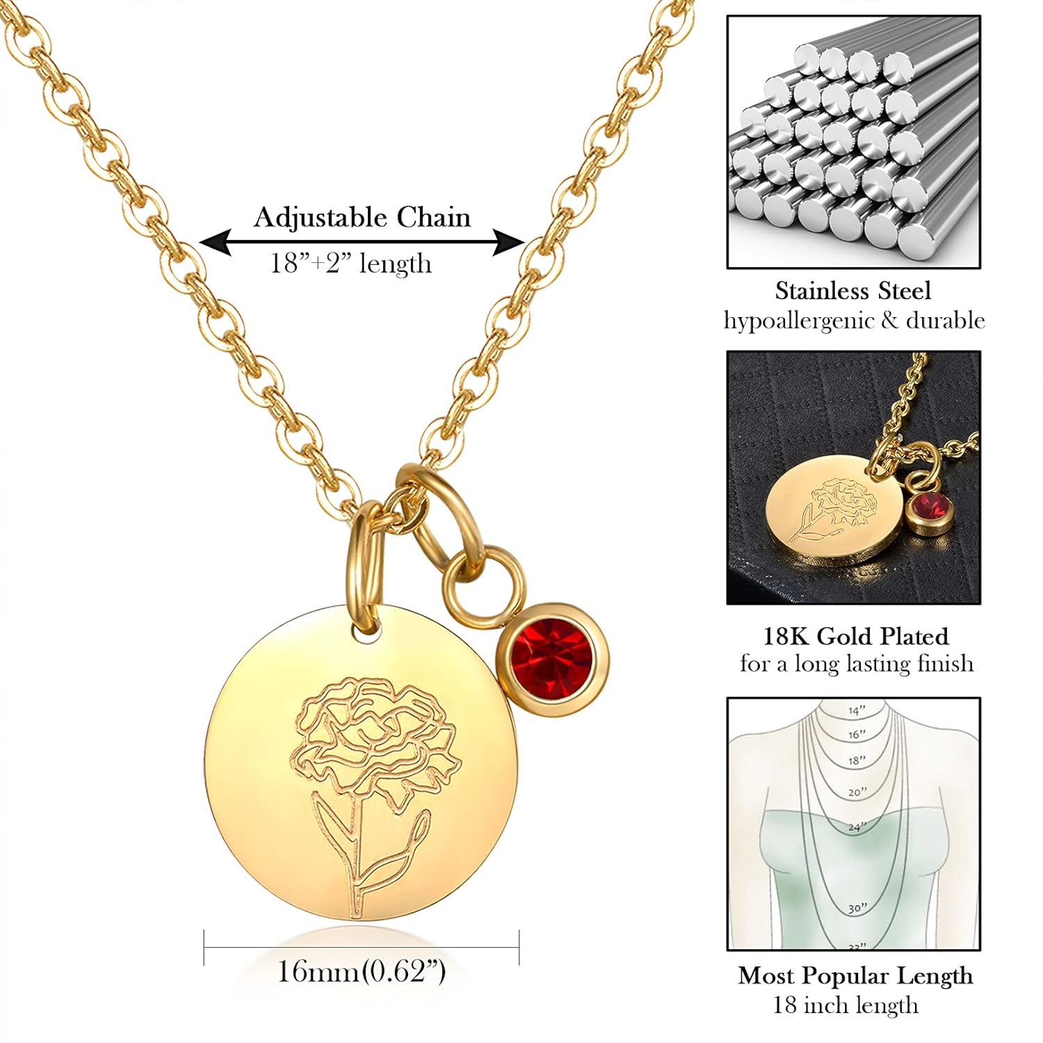 CERSLIMO Birthday Gifts for Her Birth Flower Necklaces, 18K Gold Plated Dainty Birth Month Floral Birthstone Disc Coin Pendant Necklaces | Women Wildflower Jewelry Gifts for Valentines Anniversary - Image 2