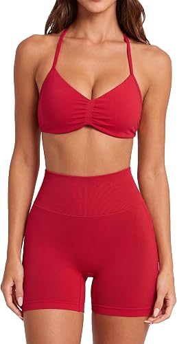 SUUKSESS Women 2 Piece Workout Sets Halter Neck Padded Sports Bra Seamless Hidden Scrunch Hip Lifting Biker Shorts