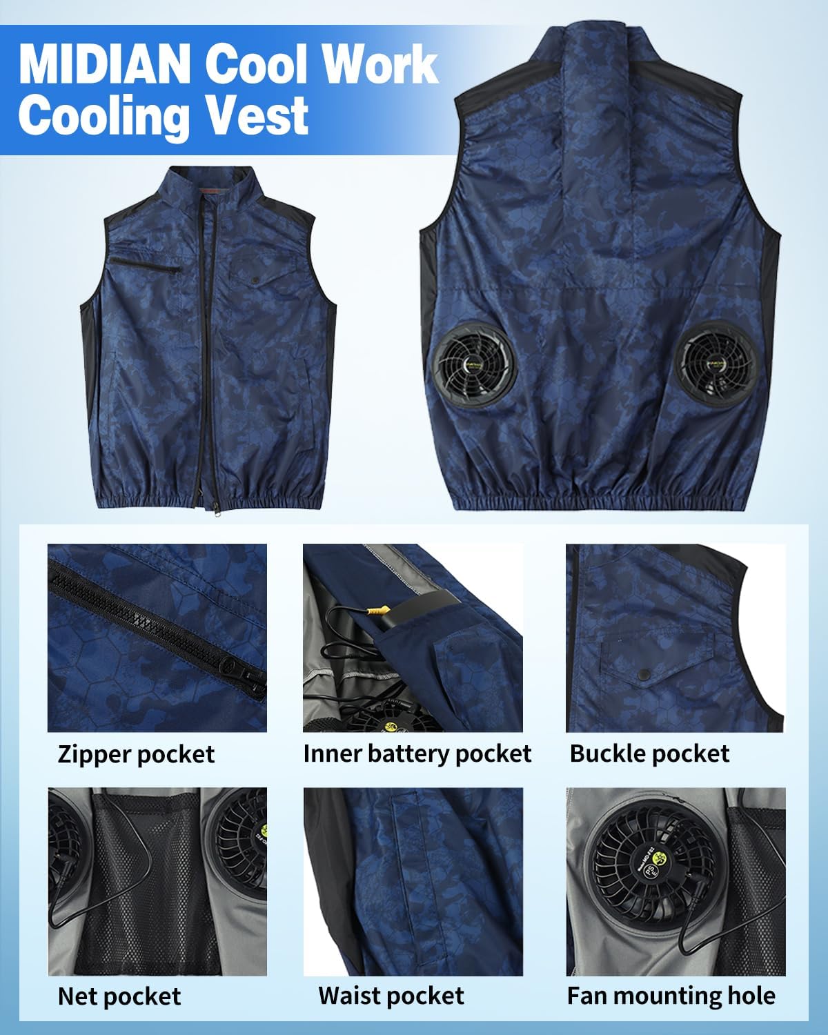 MIDIAN Air Conditioning Vest 30V High-Power Fans 20000mAh Battery Cooling Workwear for Hot Summer Outdoor & Industrial Use