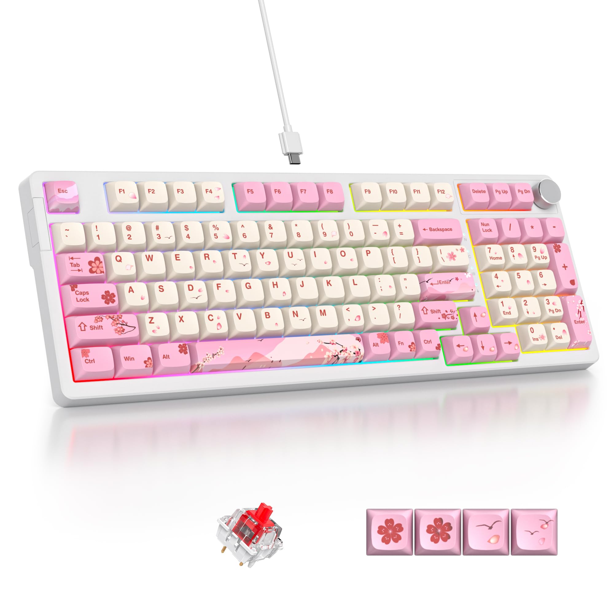SOLIDEE Teclado mecánico para juegos con cable al 95 %, estructura de junta, teclado retroiluminado RGB, teclado mecánico intercambiable en caliente de 98 teclas con perilla de control, teclado