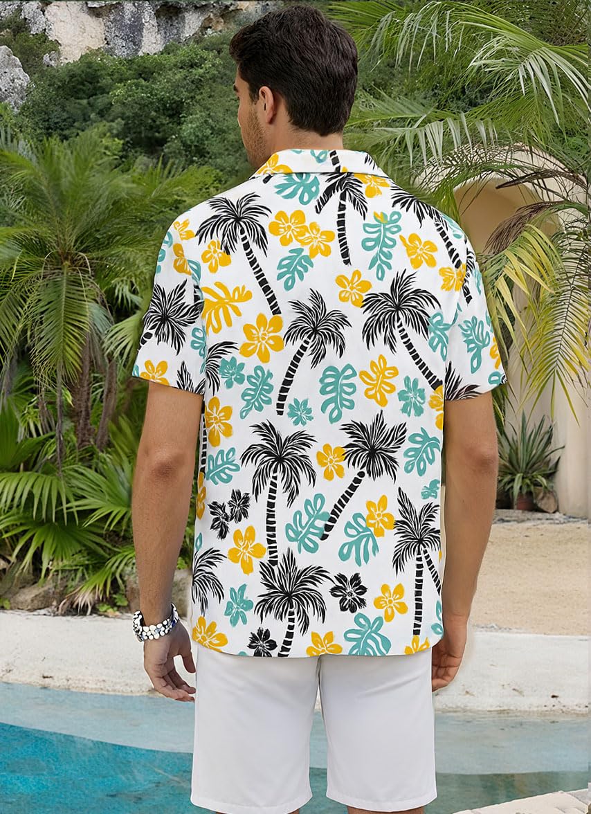 Camicia hawaiana da uomo a maniche corte floreale con palma abbottonata tropicale vacanza spiaggia camicia