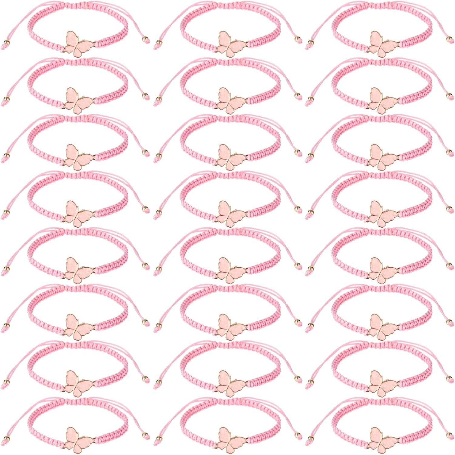 ZALIR 24 Pcs Bulk Butterfly Bracelets, Adjustable Pink Braided String with Alloy Butterfly Charm & Gold Beads, Coquette Party Favors for Women & Teens (6.3-12.6 Inch)