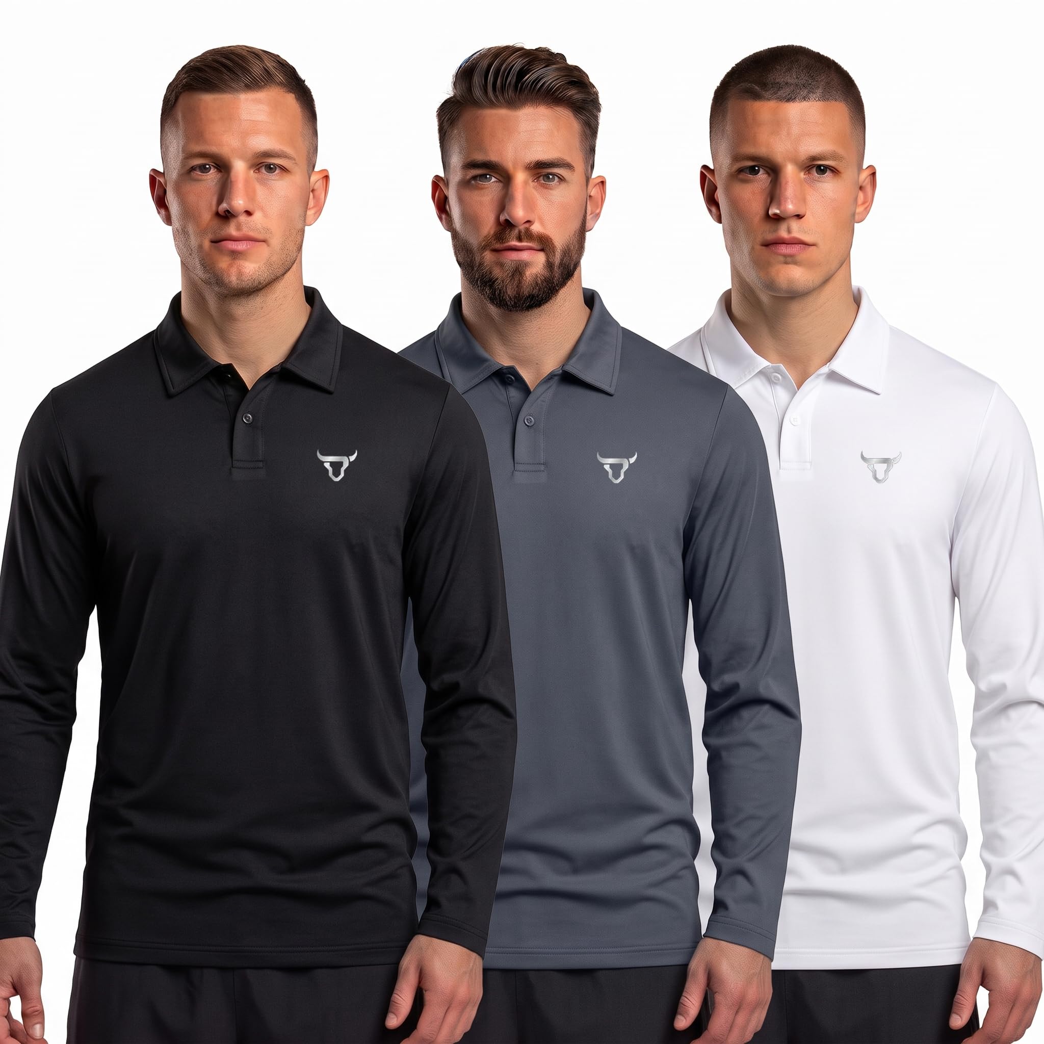 TORO ACTIVA Paquete de 3 camisetas polo para hombre, ajuste regular, uniforme olímpico, casual, ropa de fiesta, multicolor, manga larga, con botones, para adultos