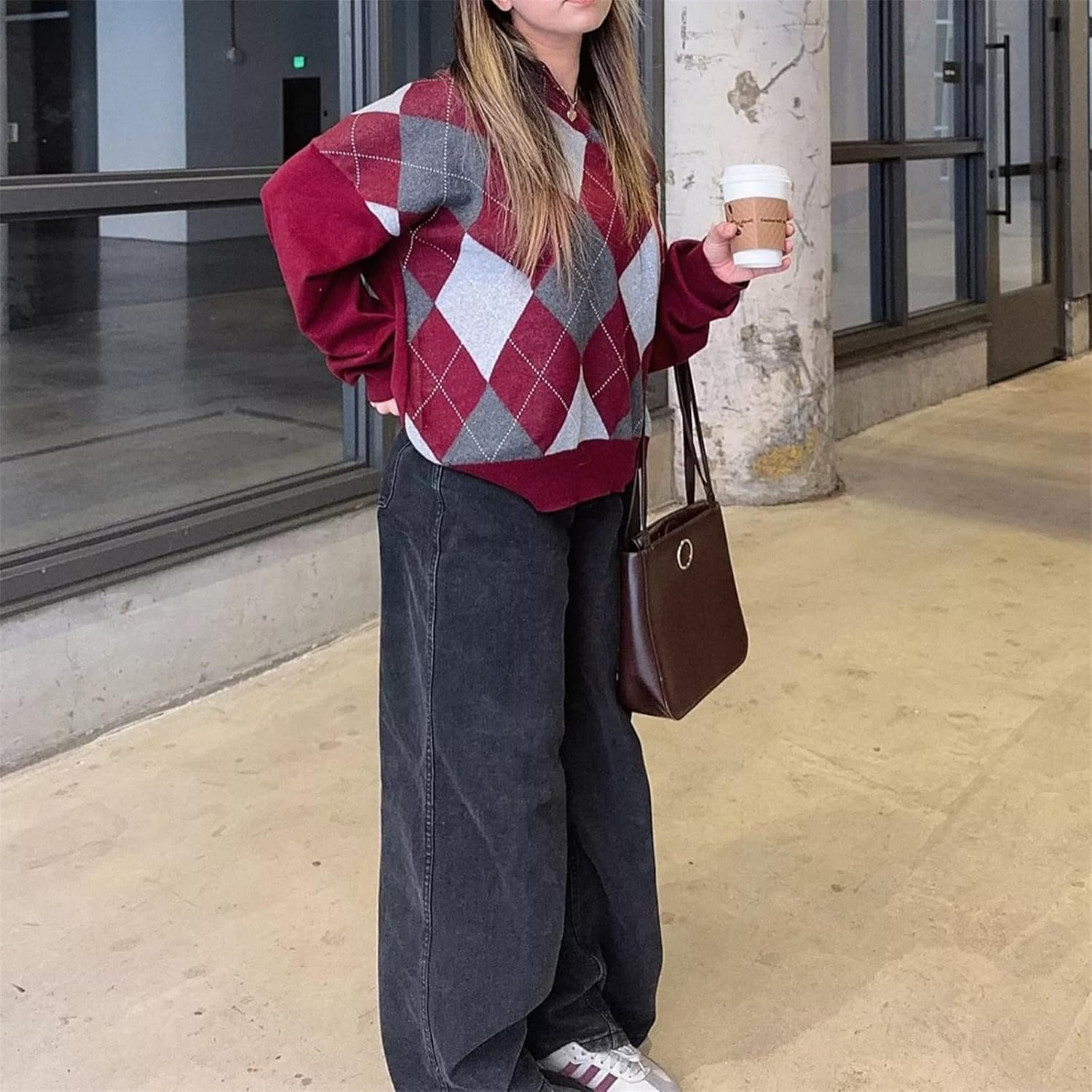 Thopavenoir Women Y2k Argyle Plaid Sweater Vintage Preppy Knitted Shirts Christmas Long Sleeve Aesthetic Baggy Pullover Tops