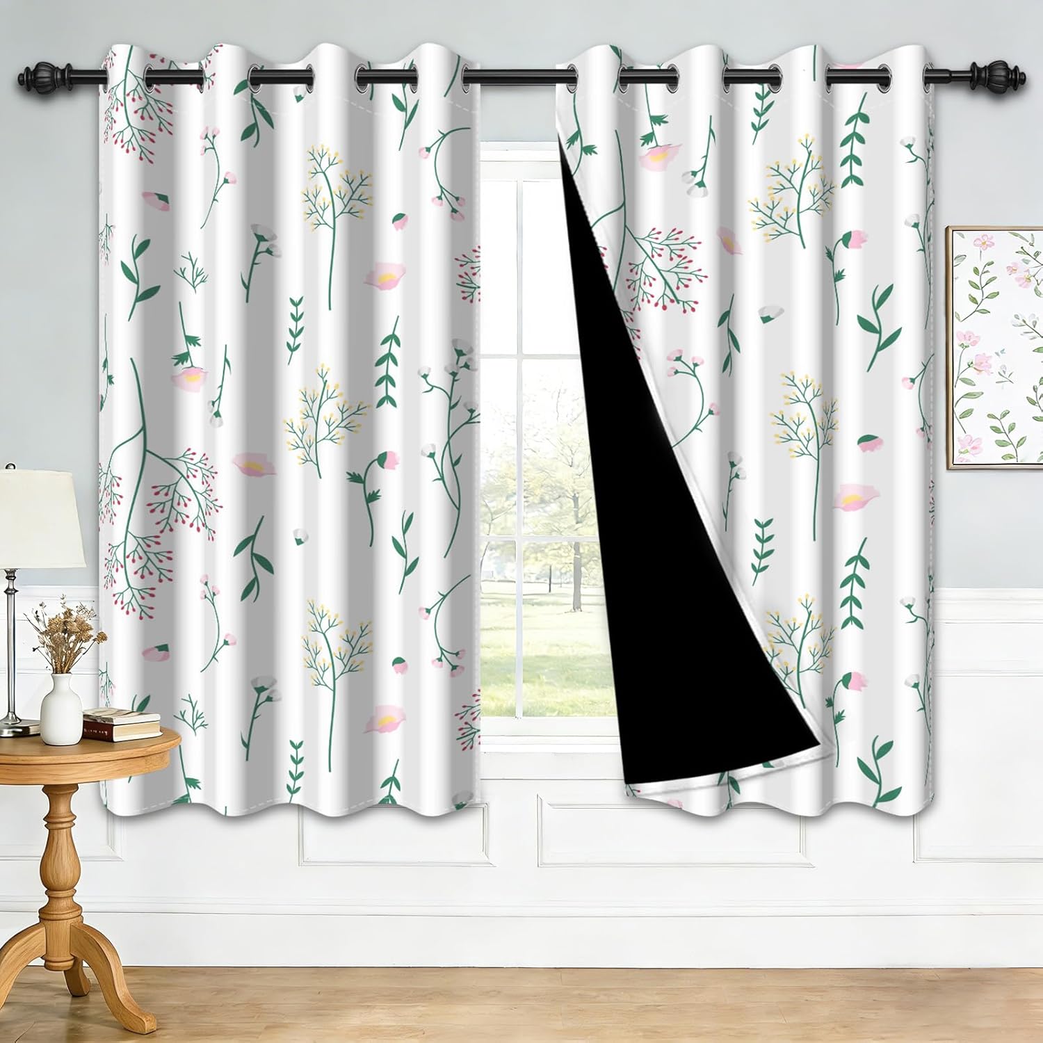 Green Floral Room Darkening Curtains 63 Inches Long, 90% Blackout Botanical Curtains with Grommet, Spring Flower Pattern Window Treatment Drapes for Bedroom Living Dining Room, 2 Panels Set