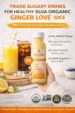 Suja Organic Cold-Pressed Ginger Lemon Pineapple Juice, 6 Pack, 10.5 oz | Cold-pressed ginger immunity juice, Vitamin C, no added sugar, USDA organic, vegan, non-GMO, 6 pack, 10.5 fl oz each.