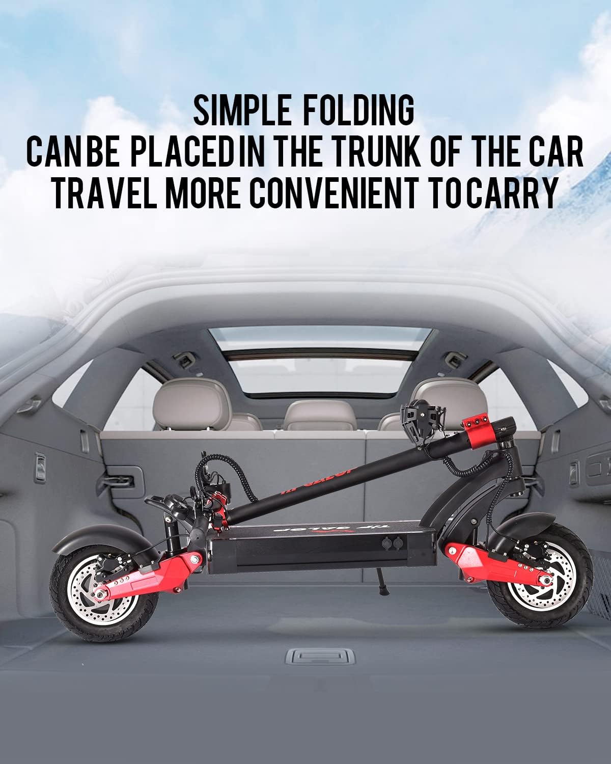 TIFGALOP X10 Electric Scooter folded and placed in the trunk of a car, demonstrating its portability.