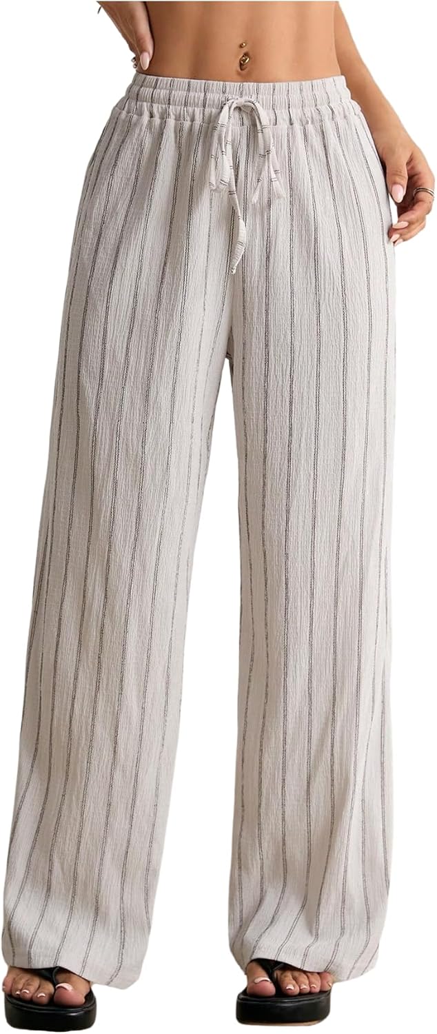Women's Striped Wide Leg Pants Drawstring Waist Vacation Baggy Lounge Pants Trousers