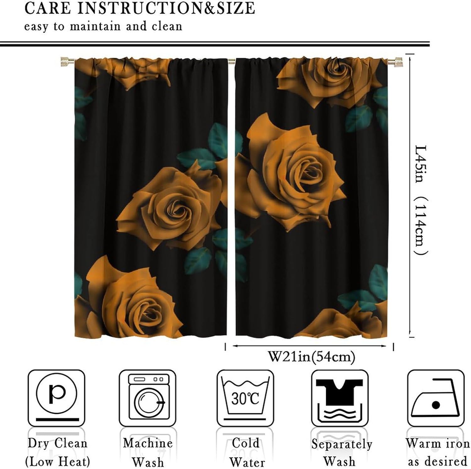 Orange and Black Curtains Rose Floral Flower Room Darkening Curtain with Rod Pocket for Bedroom Farmhouse Home Decor Thermal Insulated Drapes Window Treatments 2 Panels Set 42x45 Inch
