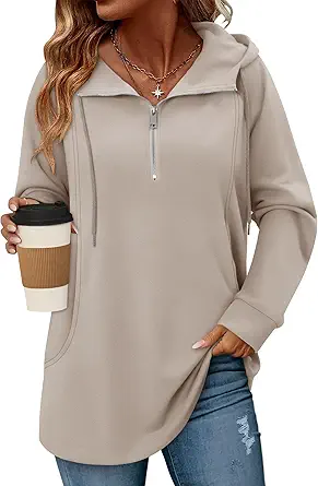 onlypuff Women Hoodie Pullover Trendy Quarter Zipper Lapel Sweatshirts Drawstring Cute Hooded Tunic Tops with Side Pockets