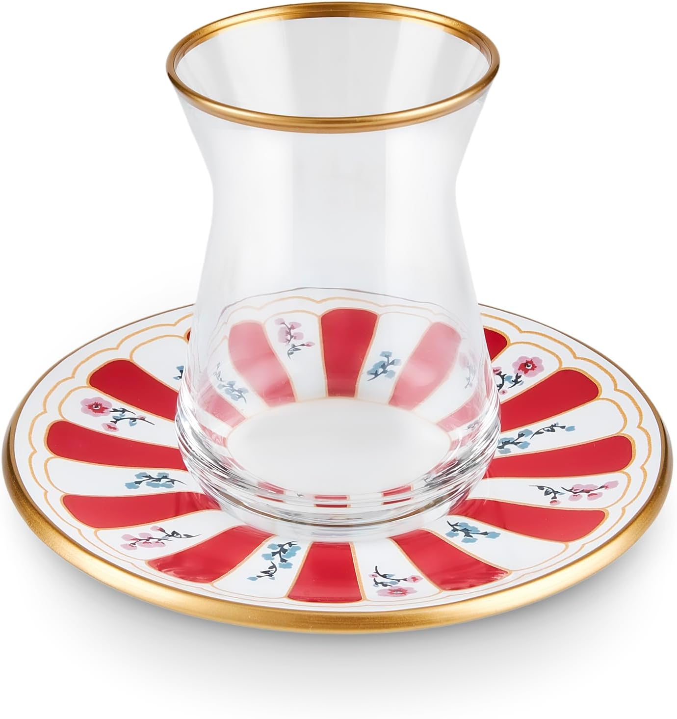 KARACA Bursa 12-Piece Turkish Tea Glass & Saucer Set 132 ml – Red Glass Tea Set for 6 People