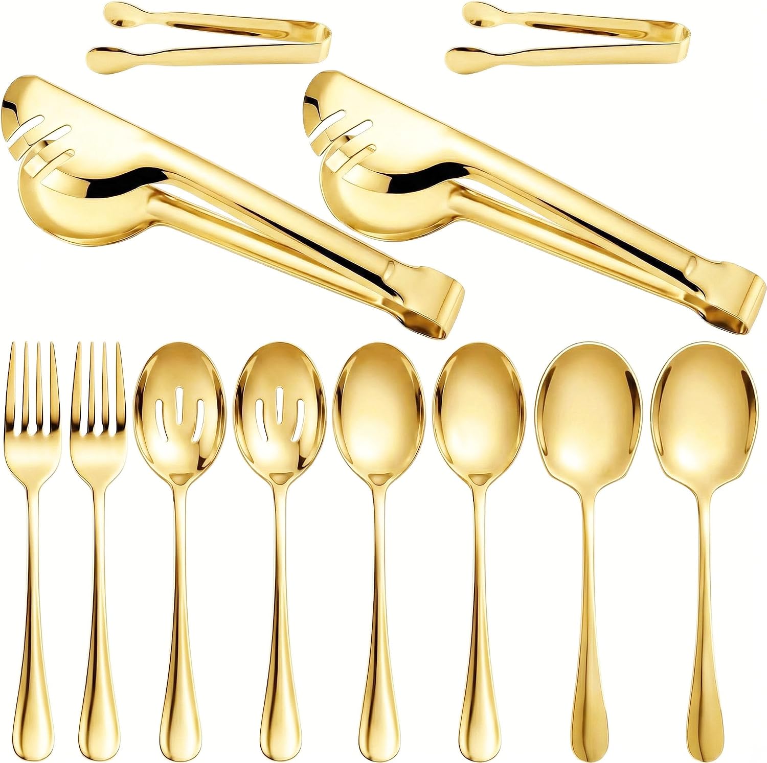 12-Piece Stainless Steel Serving Utensils Set, Heavy Duty Buffet Servers for Entertaining, Includes Large Spoons, Slotted Spoons, Forks, Tongs & Ice Tongs, Mirror Polished Flatware for Catering Party