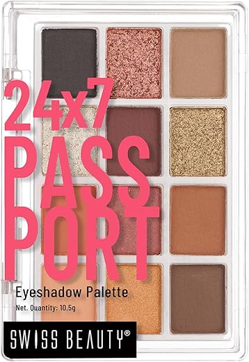 Swiss Beauty 24/7 Passport Eyeshadow Palette with 12 matte, glittery and shimmery shades | With easy to blend in and highly pigmented shades Eye makeup Palette | Shade- Late…