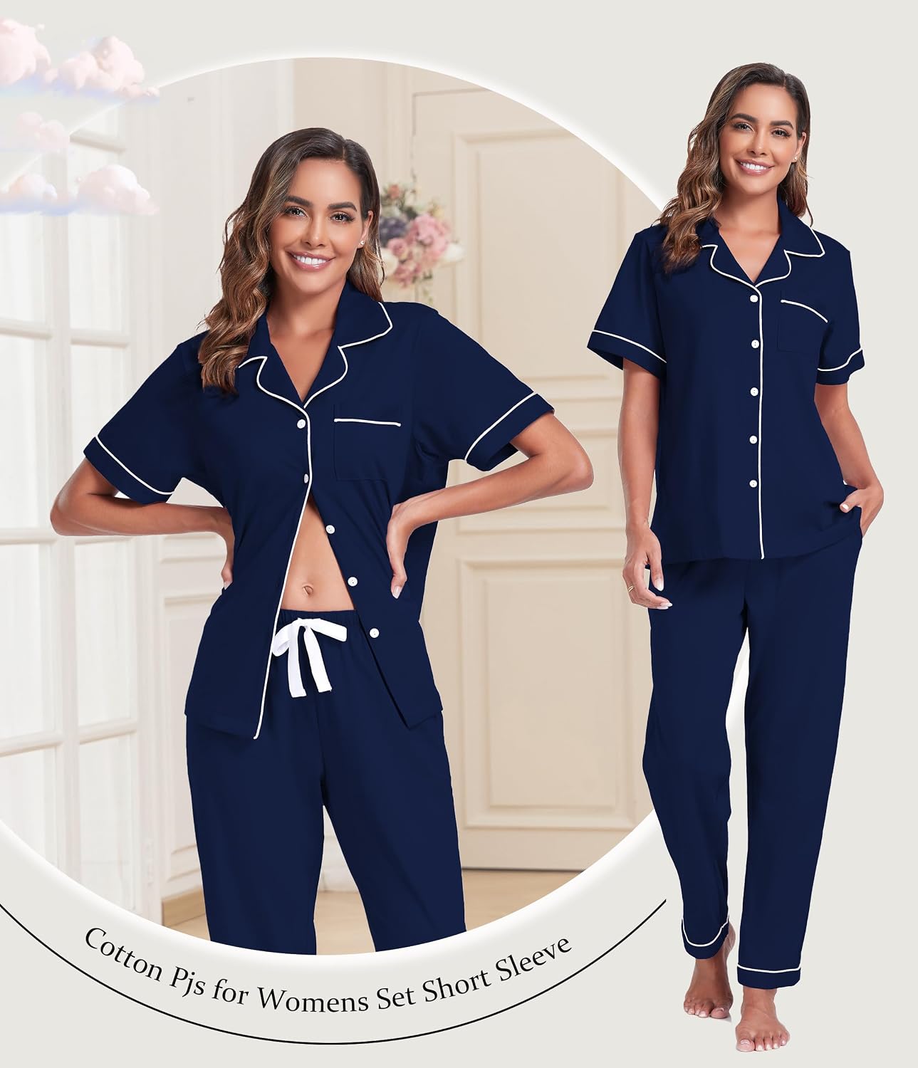 ANLIQI 100% Cotton Pajamas for Women Set Short Sleeve Top & Pajama Pants Button Down Sleepwear Pjs Lounge with Pockets