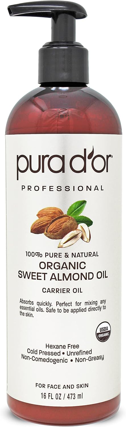 PURA D’OR Carrier Oil: Organic Sweet Almond Oil (473 mL) USDA Certified Organic 100% Pure & Natural Soothing Oil for Skin & Face