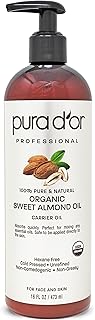 PURA D'OR Organic Sweet Almond Oil (16oz) USDA Certified 100% Pure & Natural Carrier Oil - Hexane Free - Skin & Face - Fac...